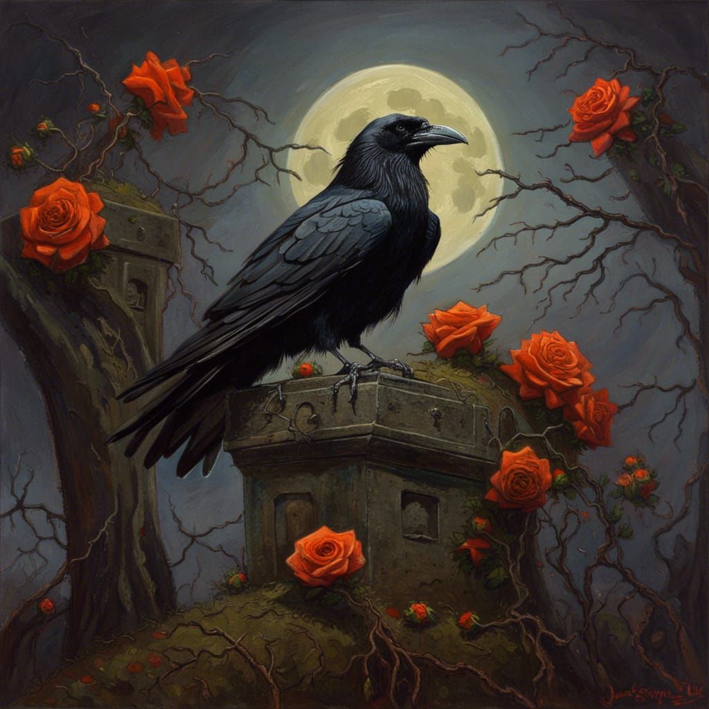 Gothic Raven in Graveyard Under Full Moon