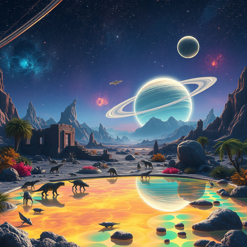 Vibrant Sci-Fi Landscape with Extraterrestrial Animals