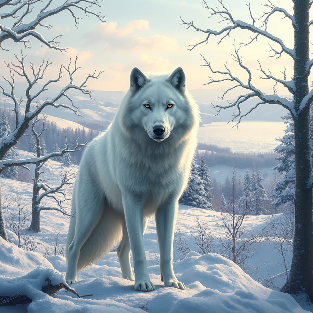 Winter Idyllic Scene with Majestic White Wolf