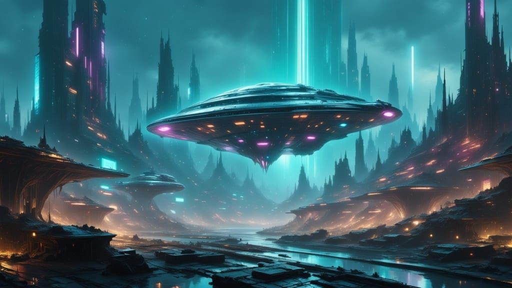 Alien City: Colony Starship Launch in LED Light