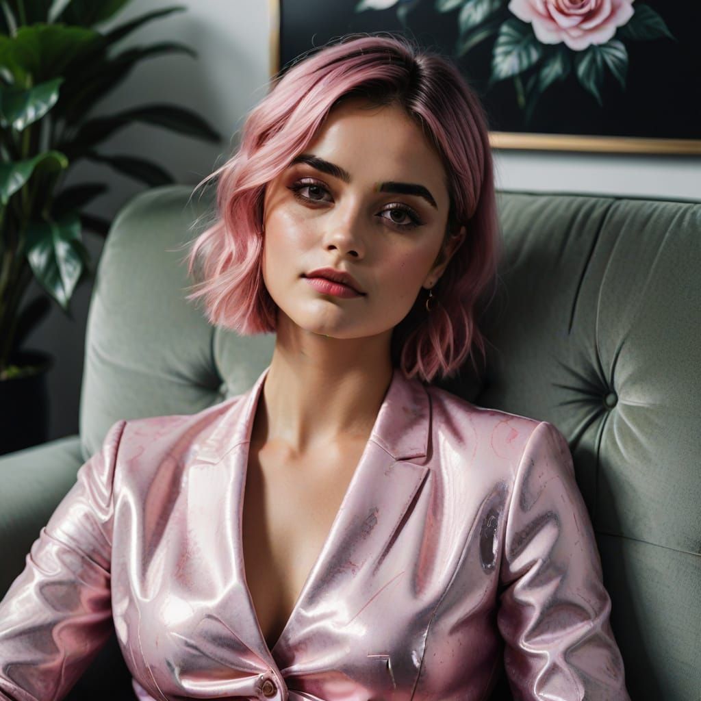 Pink Haired Woman on Sofa in Gerhard Richter Style