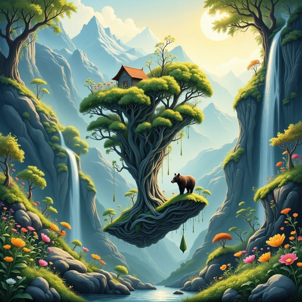 Enchanted Floating Island with Bear and Waterfall