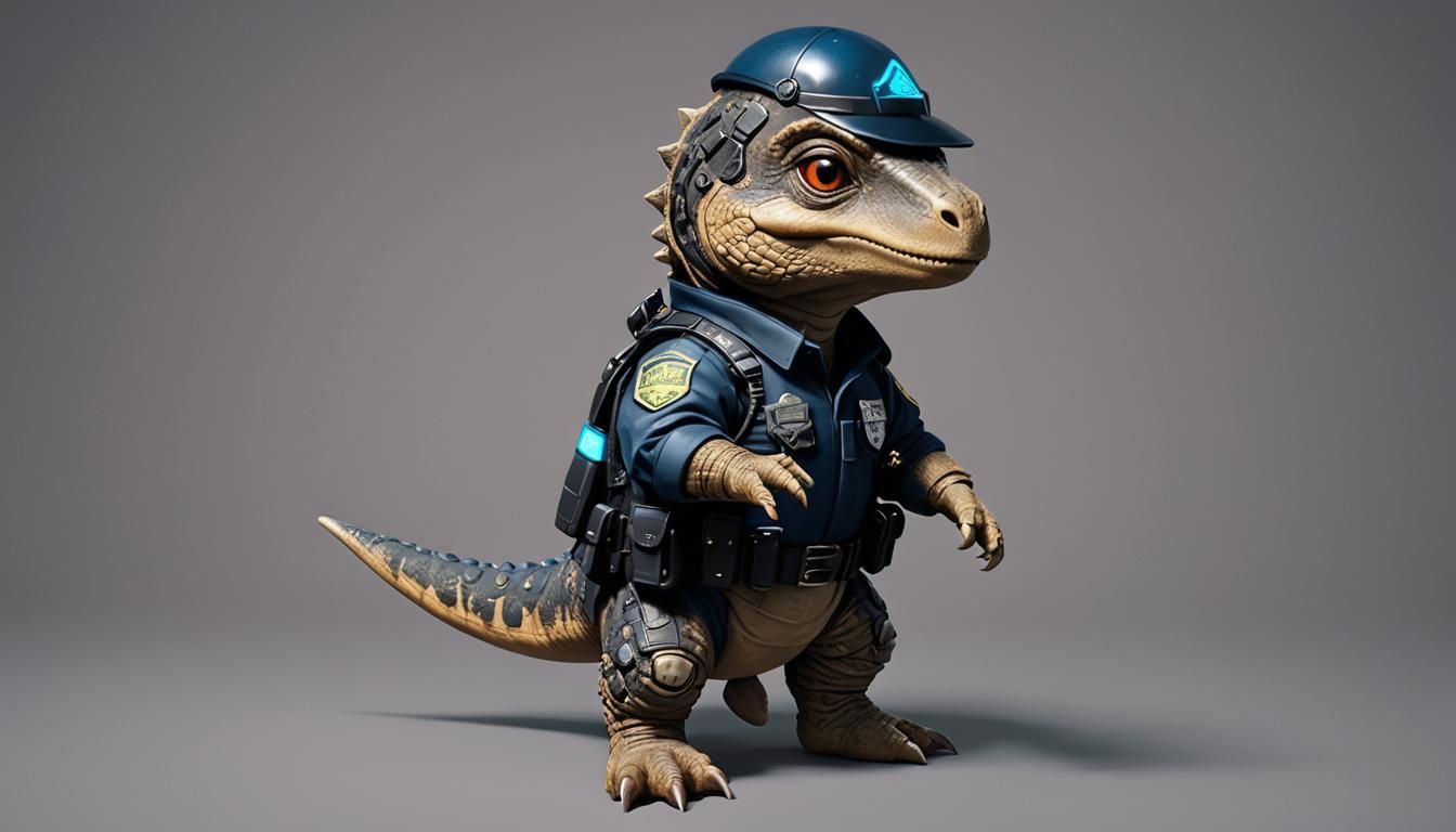 Cute Dinosaur Police Officer in Cyberpunk Style