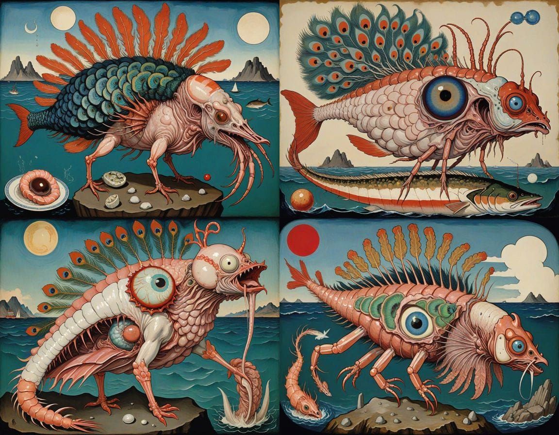 Surreal Ukiyo-e Hybrid Creature in Egon Schiele Style