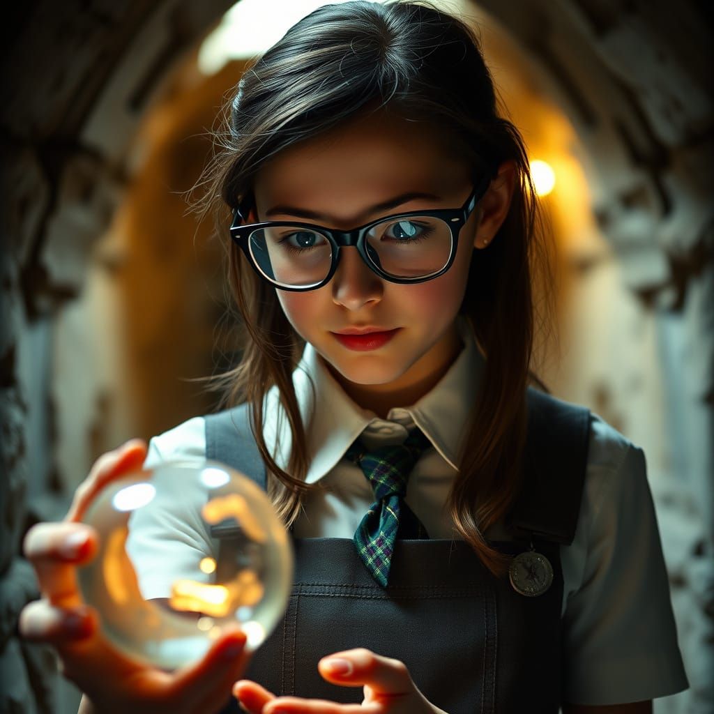 Schoolgirl's Discovery: Cinematic Film Still of Ancient Arti...