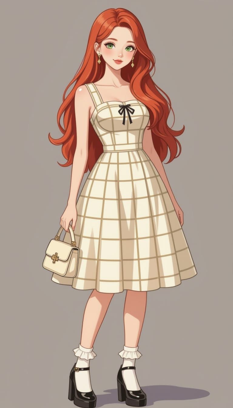 Japanese Woman in Retro Checkered Dress Fashion Sketch