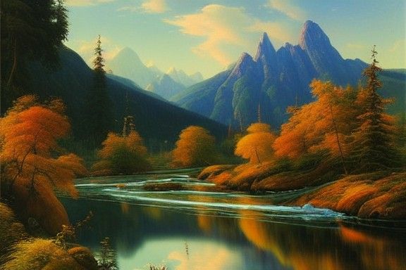 Summer Mountain Valley Painting in Surreal Style