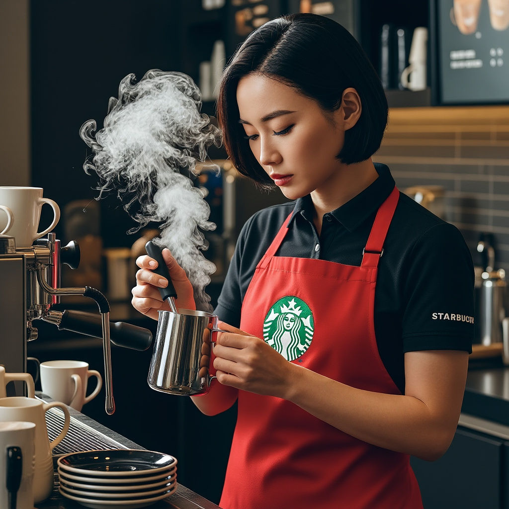 Korean Barista Steaming Milk at Starbucks