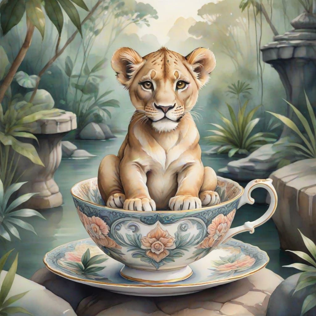 Watercolor Lioness in Teacup Jungle River Scene