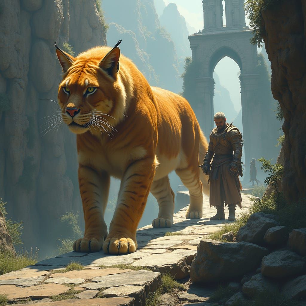 Majestic Big Cat and Man Traverse Ancient Ramp in Mystical C...