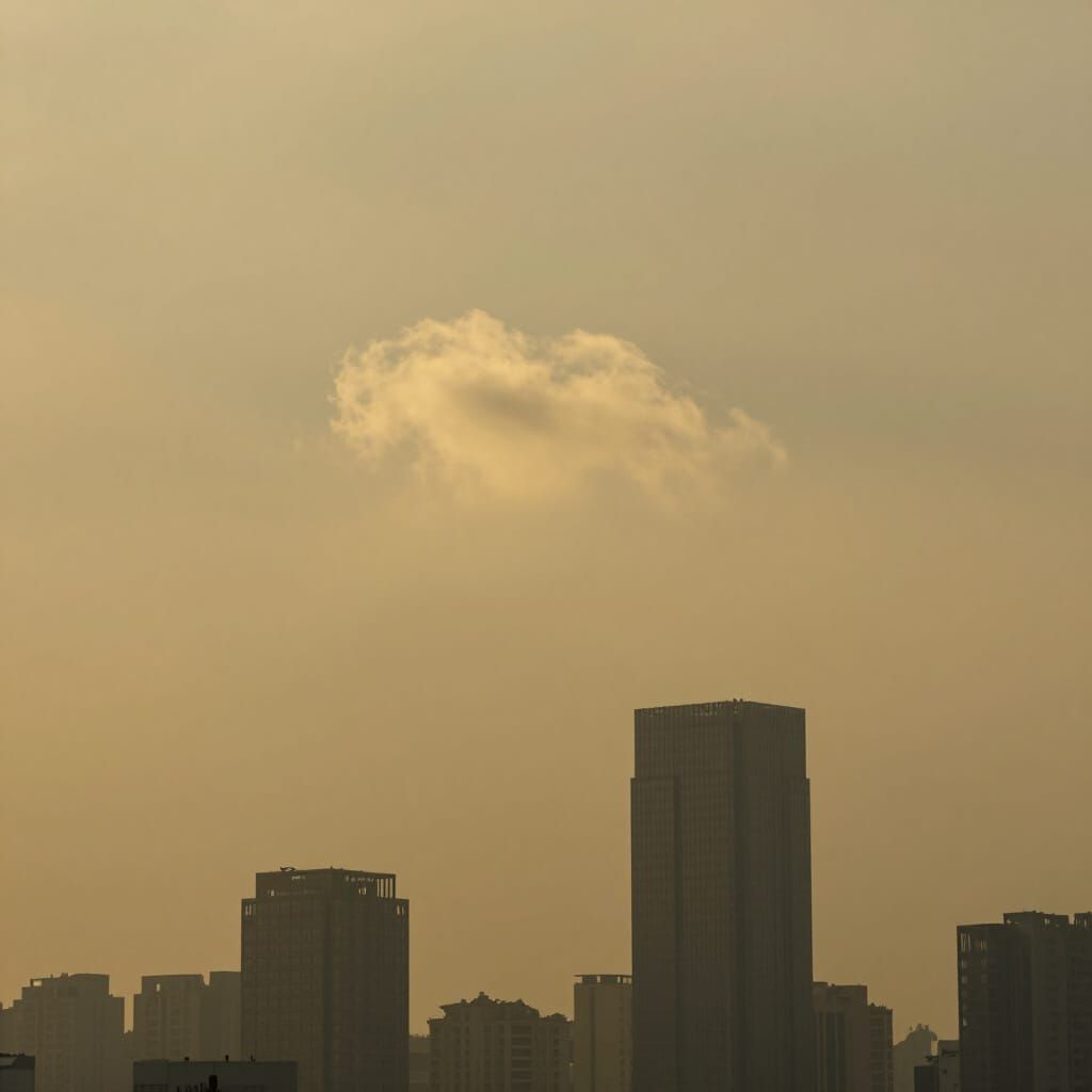 Simple yellow cloud of smog with the silhouettes of a modern city.