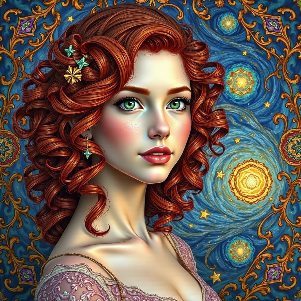Celestial Redhead Dreamer in Starscape, Ethereal Art
