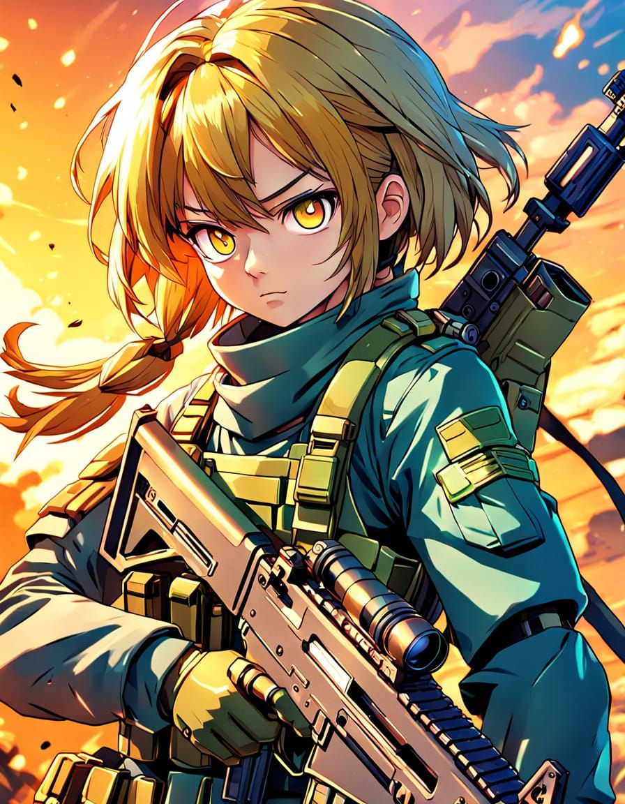 Anime Female Soldier with Rifle in Manga Style