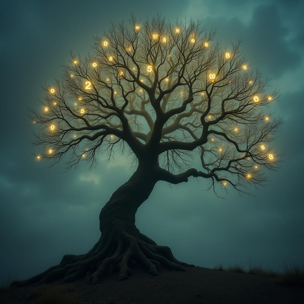 Ethereal Numbers Sprout From Tree in Dramatic Digital Art