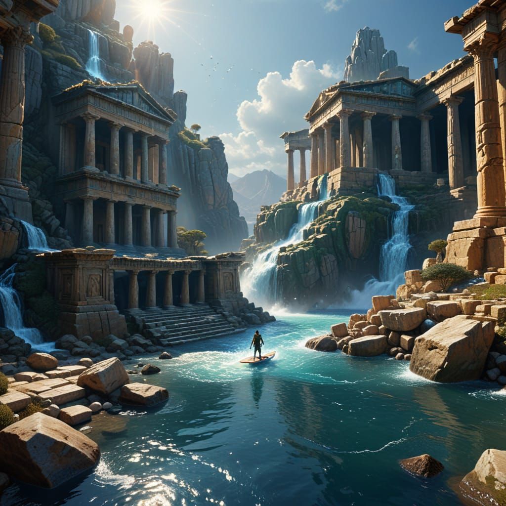 Elf Surfing Down Pyramid with Greek Temple: Digital Art