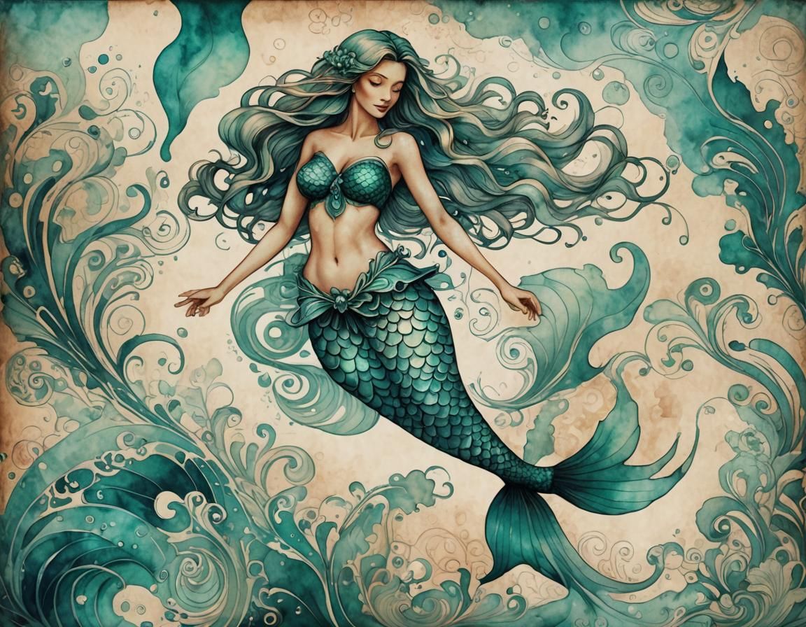 Teal Mermaid on Parchment in Vintage Watercolor Style
