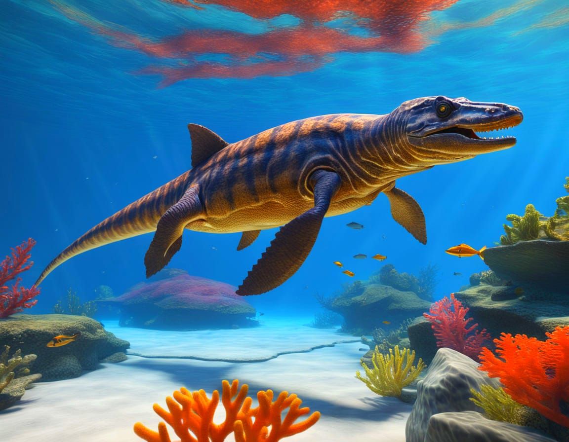 Triassic Tanystropheus Dives near Ancient Coral Reef