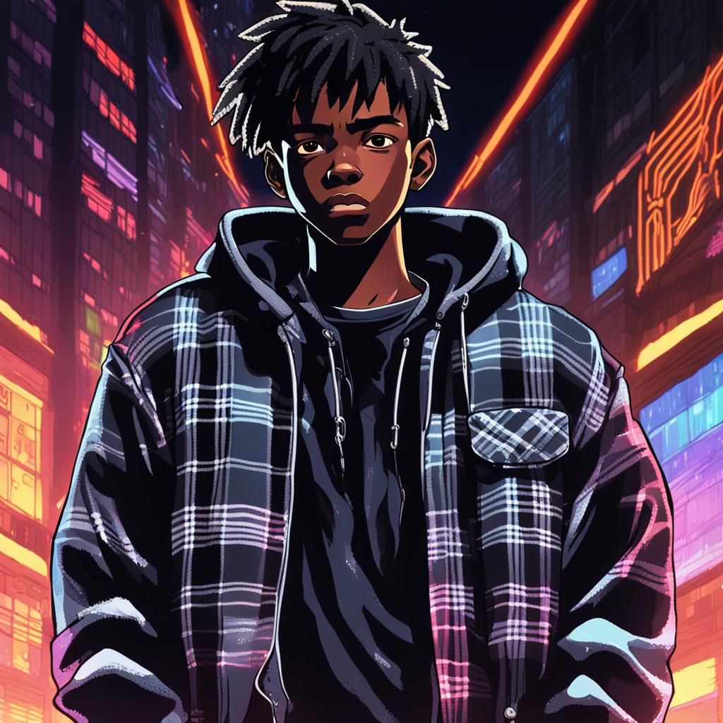 Confident Anime Teen in Moody Flannel