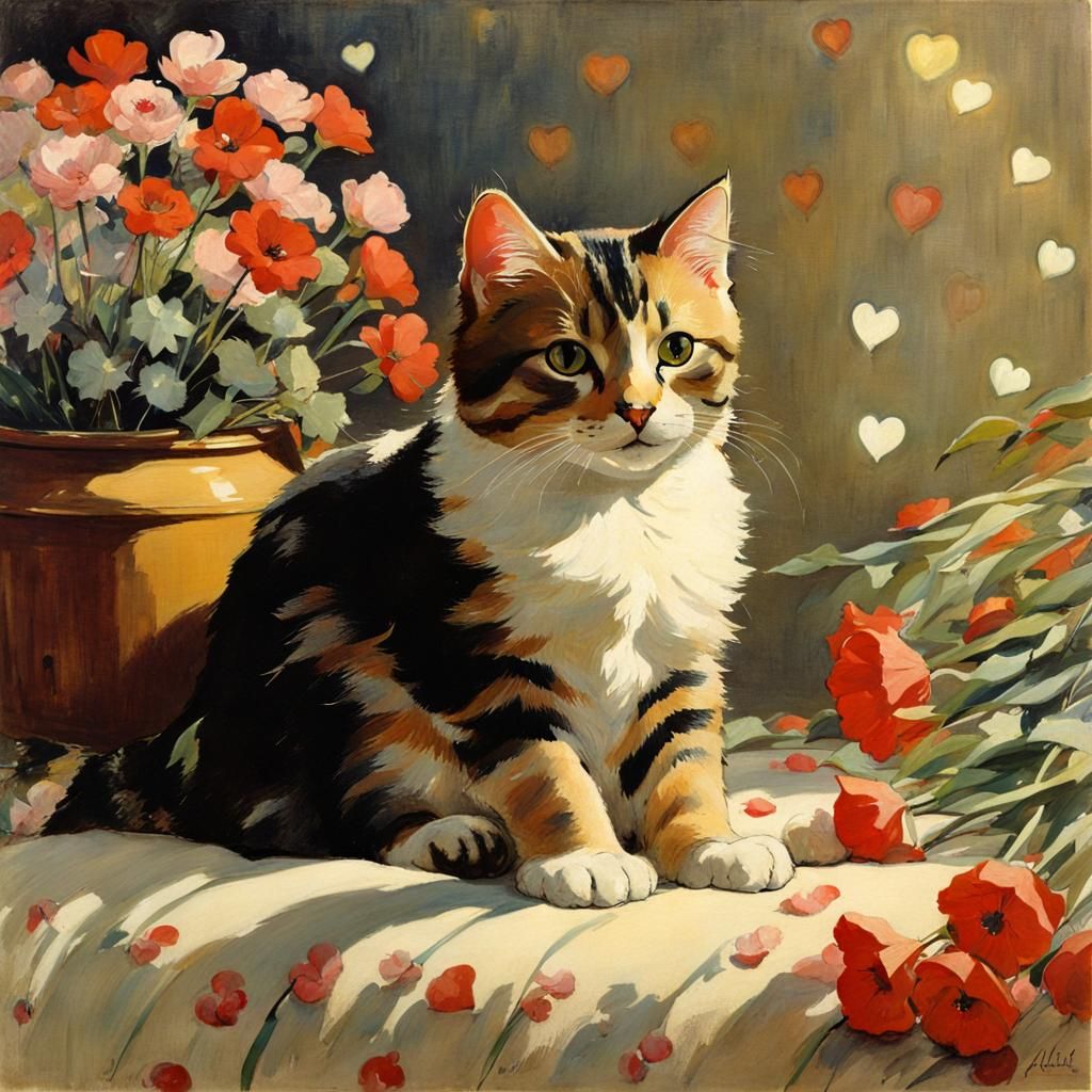 Cute Cat Surrounded by Flowers in Sporting Art Style