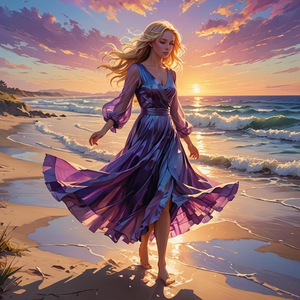 Anime Girl Dancing on Beach at Sunset