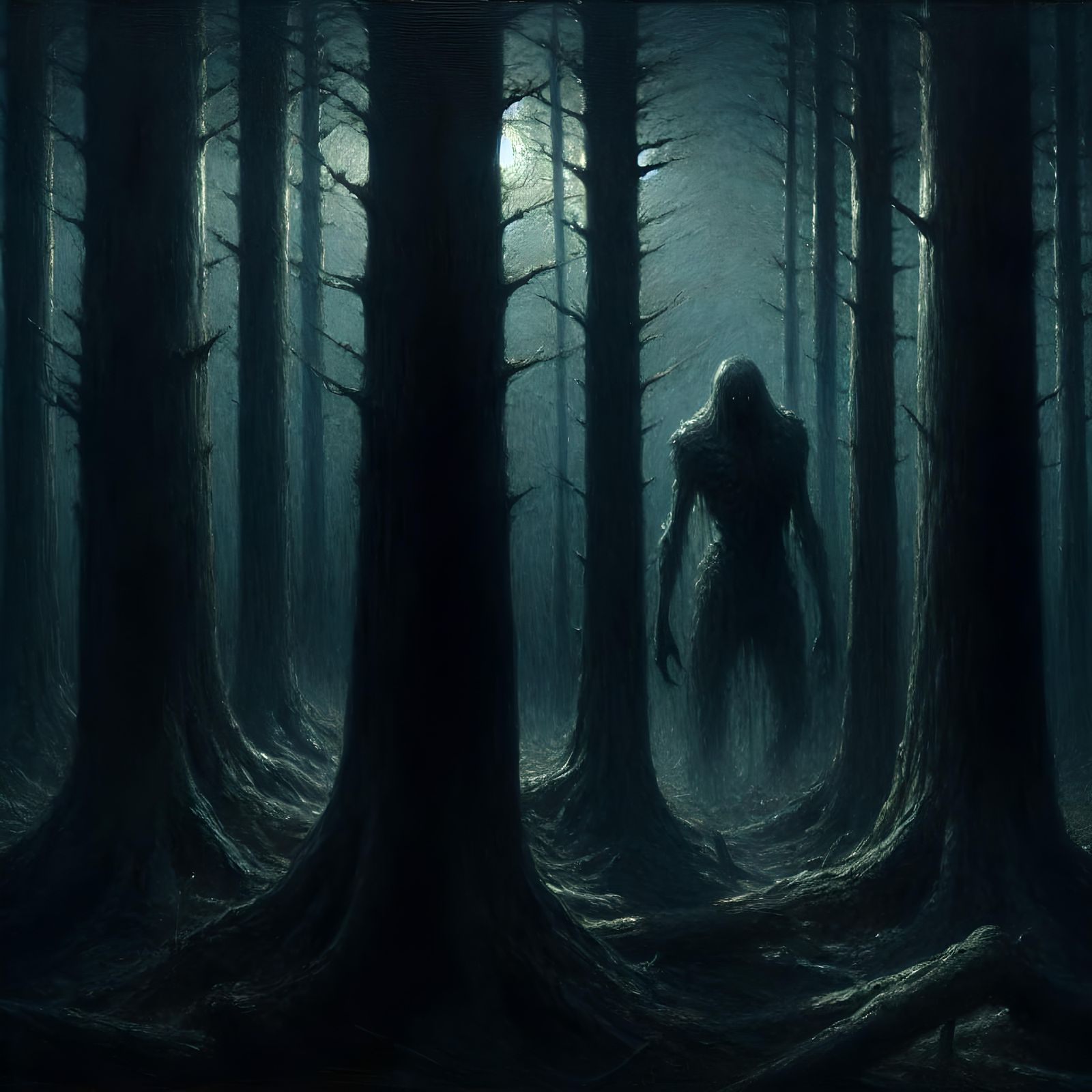 Eerie Creature Lurking in Dark Forest, Romantic Style