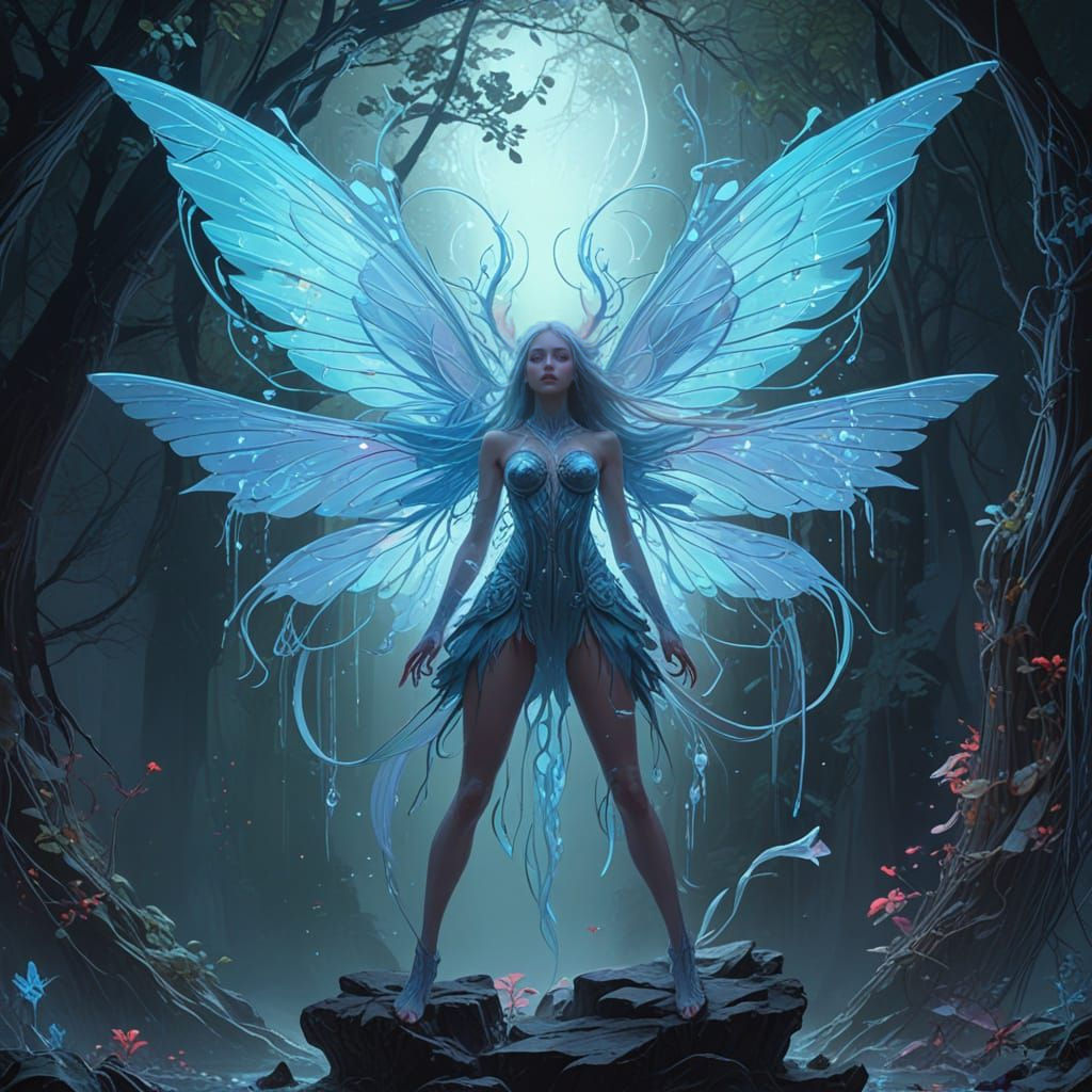 Biopunk Fairy with Neon Wings, James Jean Style