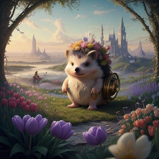 Anthropomorphic Hedgehog in Vibrant Fantasy Garden