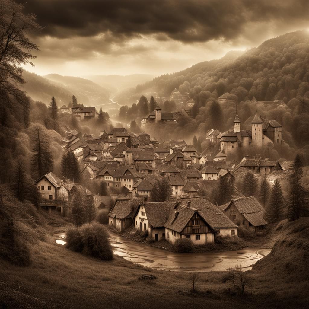 Sepia Bavarian Village Ruins in Rainy Panoramic View