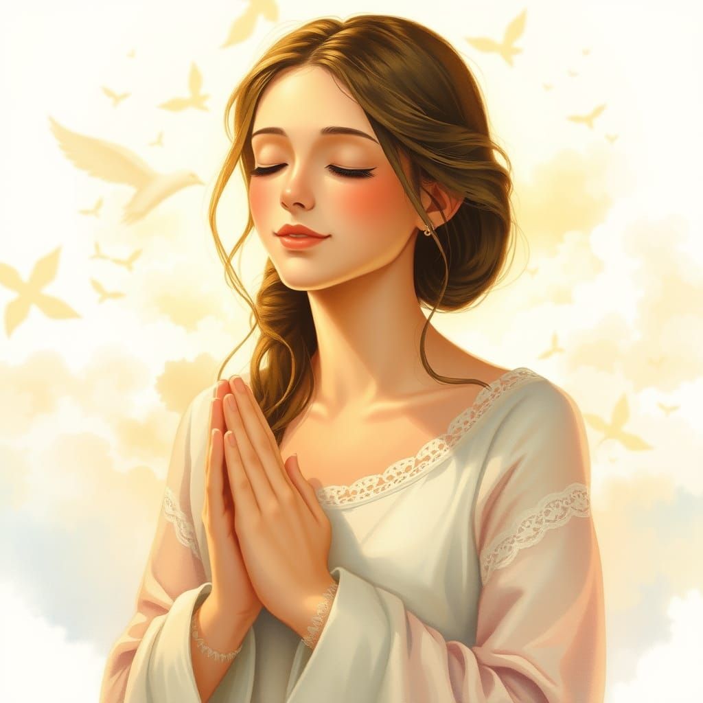 Serene Woman in Golden Light Praying in a Whimsical Cloudsca...