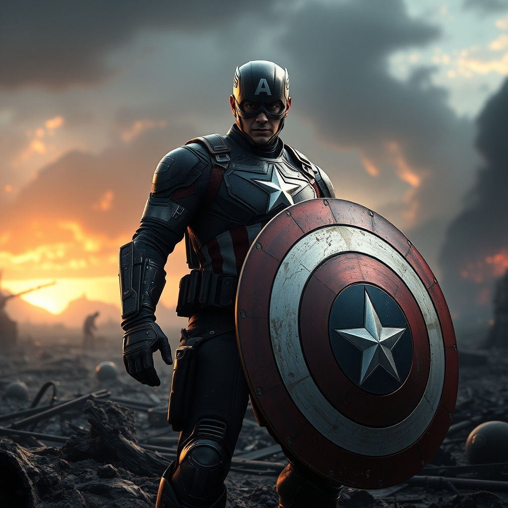 Captain America in War-Torn Landscape: Cinematic Concept Art