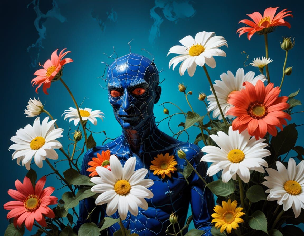 Tarantula in Floral Bowl: Surreal Neon Art