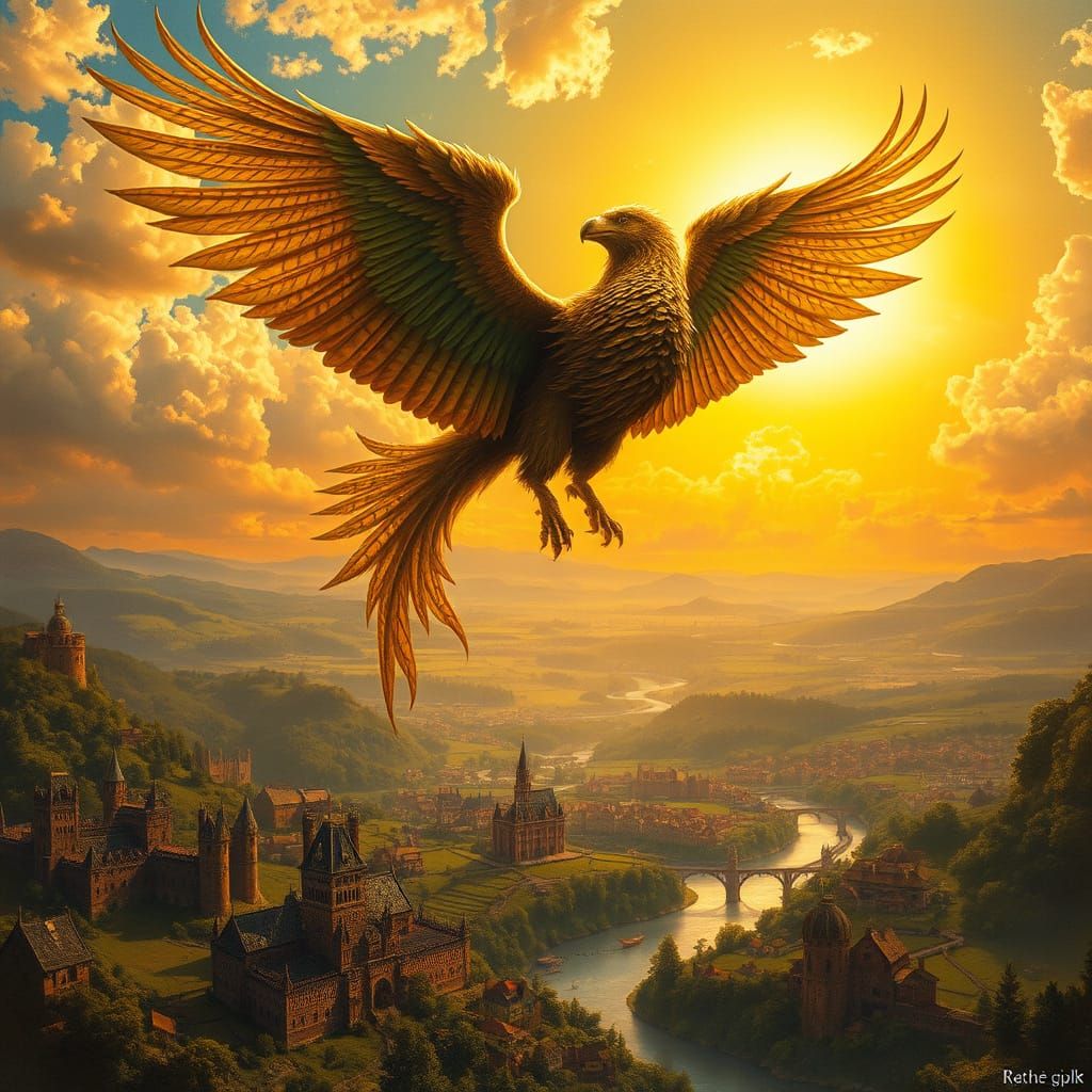 Griffin Soaring Over Medieval Kingdom as Oil Painting