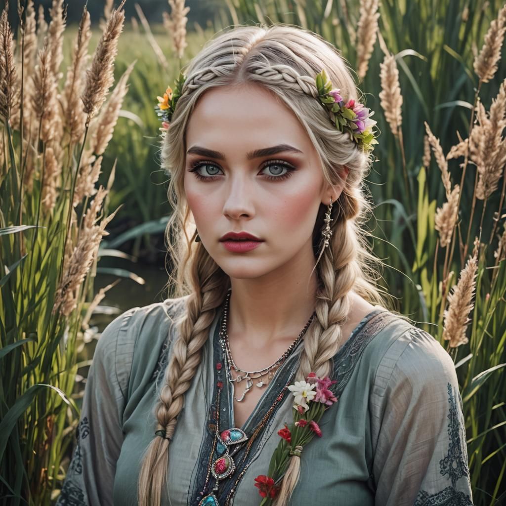 Woman with Flowers in Hair by Lake
