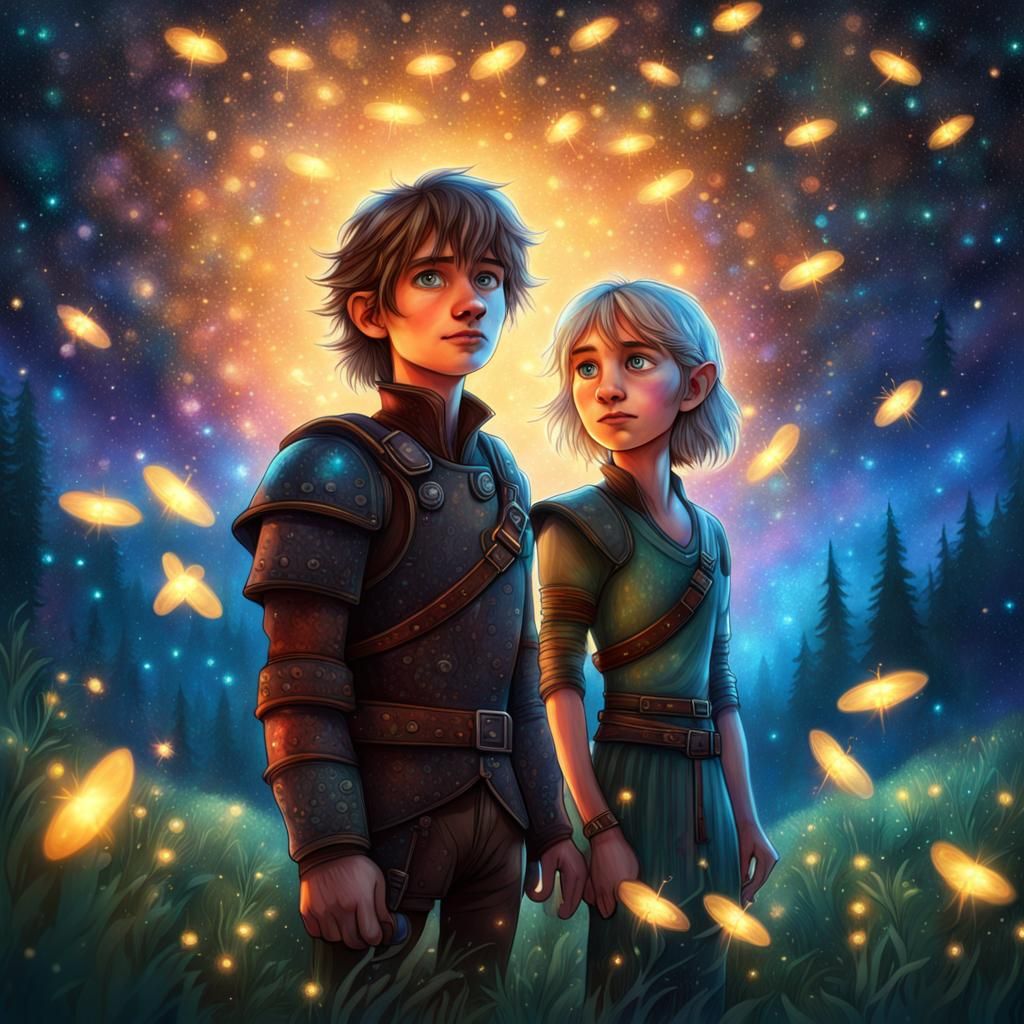 Hiccup and Astrid: Cosmic Field Illustration