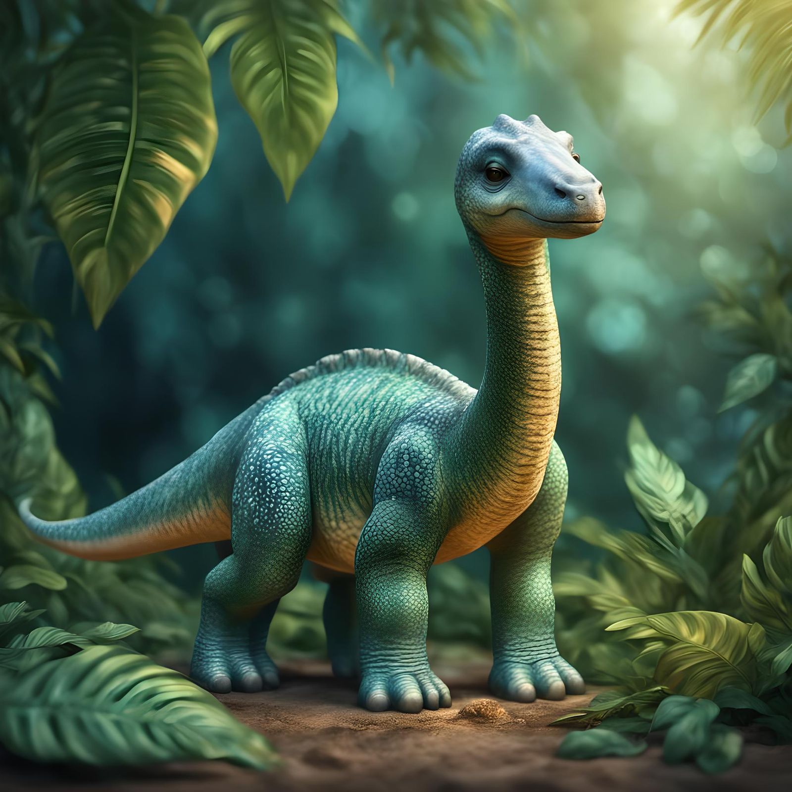 Hyperrealistic Brachiosaurus Cub in Tropical Setting