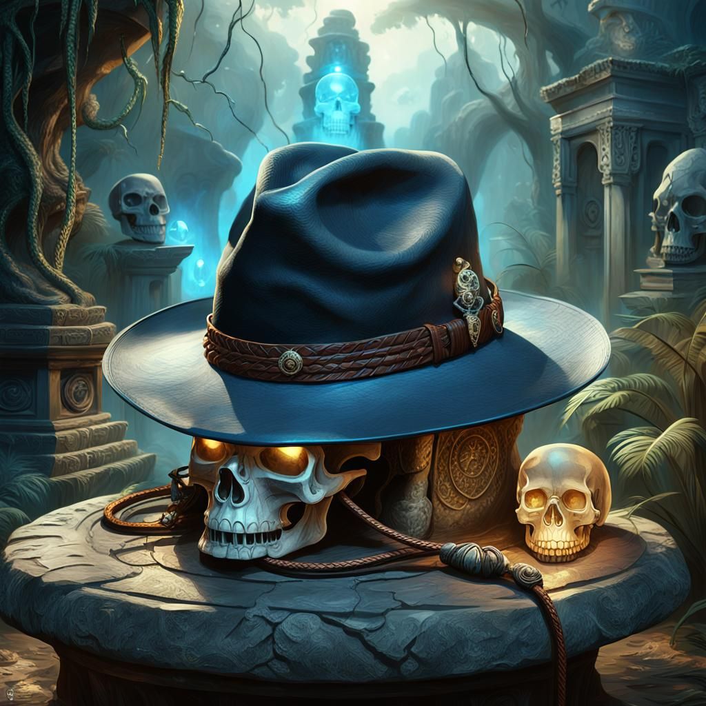 Crystal Skull and Fedora in Eerie Jungle Ruins