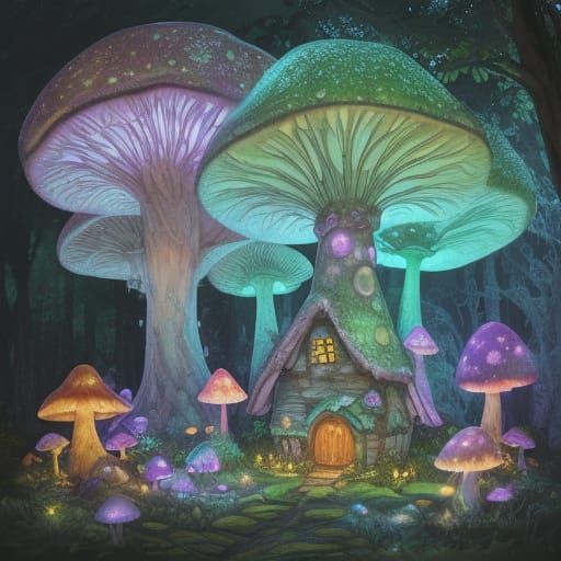 Fairy Mushroom Pizza House in Bioluminescent Forest