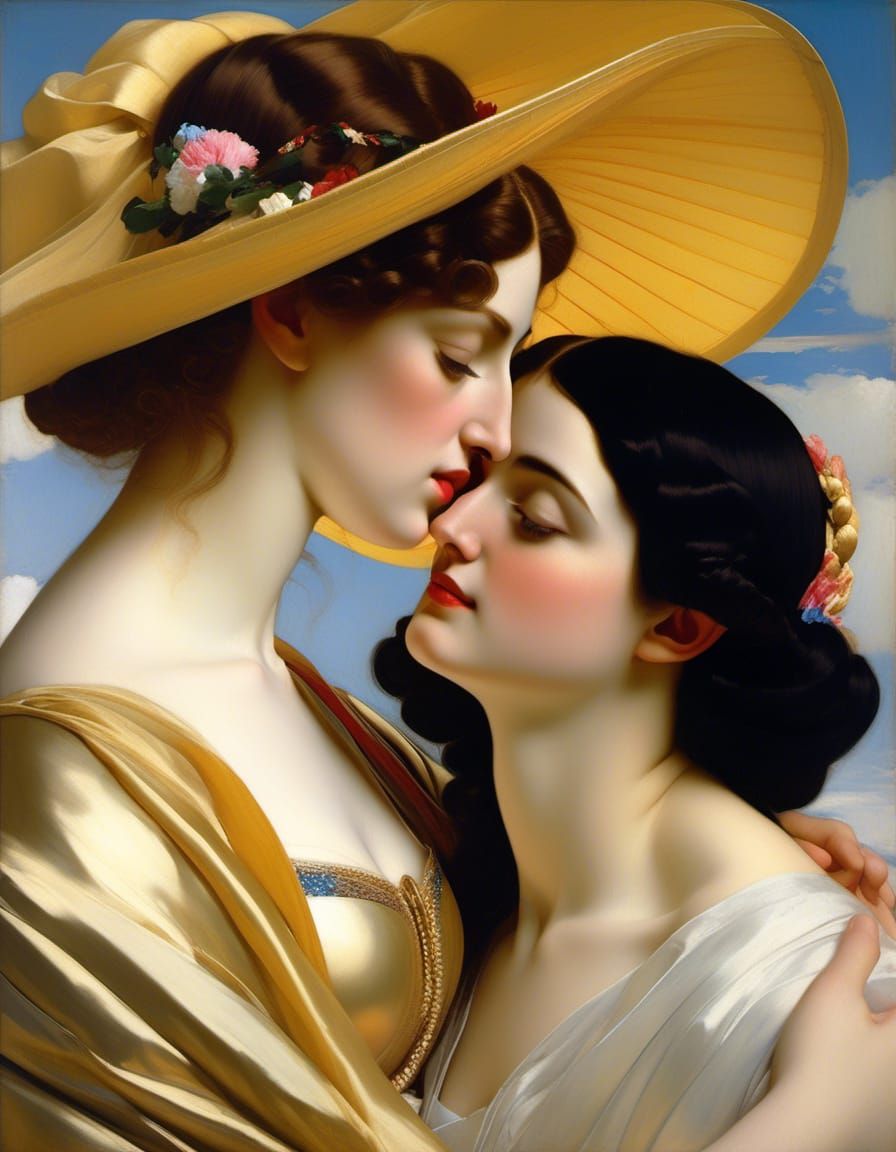Lesbian Couple Embrace in Oil Painting Style