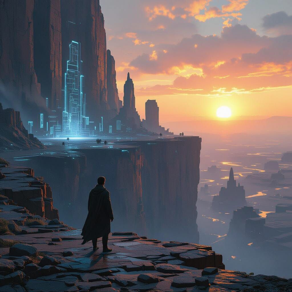 Futuristic Man Gazes at Ancient City at Twin Sunset