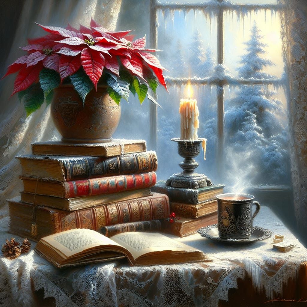 Vintage Books and Winter Scene in Oil Painting Style