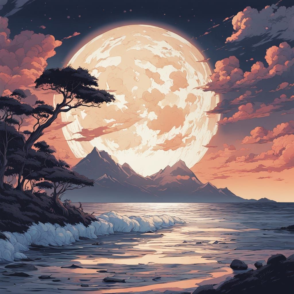 Surreal Nocturnal Ocean Scene in Vibrant 2D Manga Style