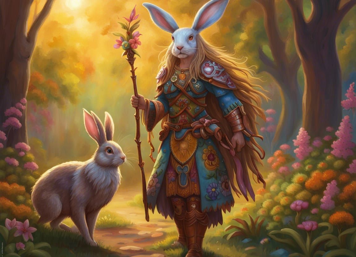 Rabbitfolk Druid in Forest with Bird, Hyperdetailed