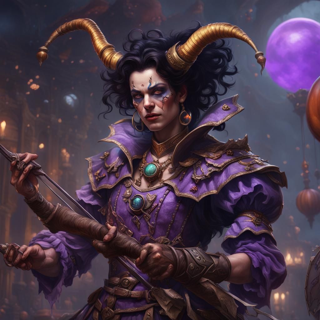 Horned Tiefling Bard with Purple Eyes, Dark Fantasy Art