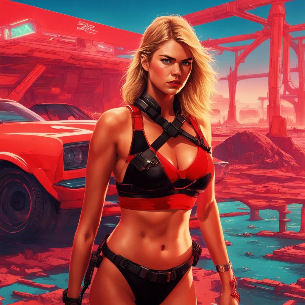 Kate Upton in Red Bikini, Cyberpunk Beach