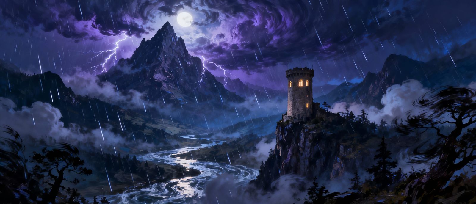 Fantasy Night Storm Landscape in Painterly Style