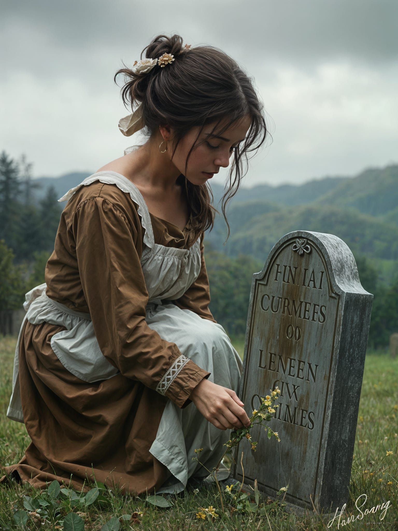 Sorrowful Woman at Grave, Oil Painting