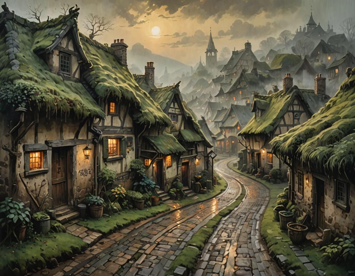 Enchanting Rustic Village in Impressionist Acrylic