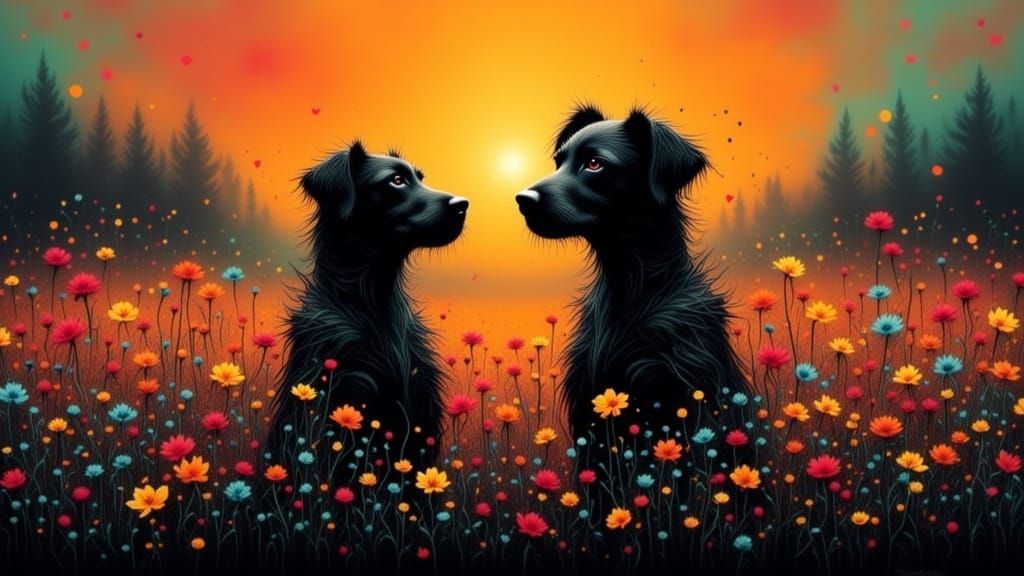 Dogs Picking Flowers at Dawn in Dark and Gold