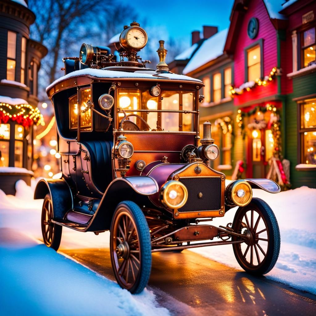 Steampunk Model T Car in Christmas Town