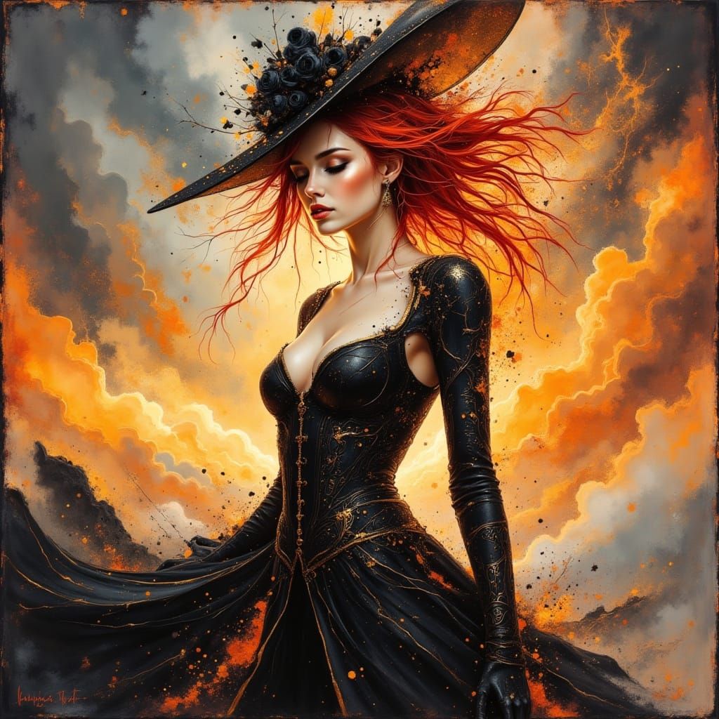 Elegant Futuristic Lady with Flaming Hair in Anime Style